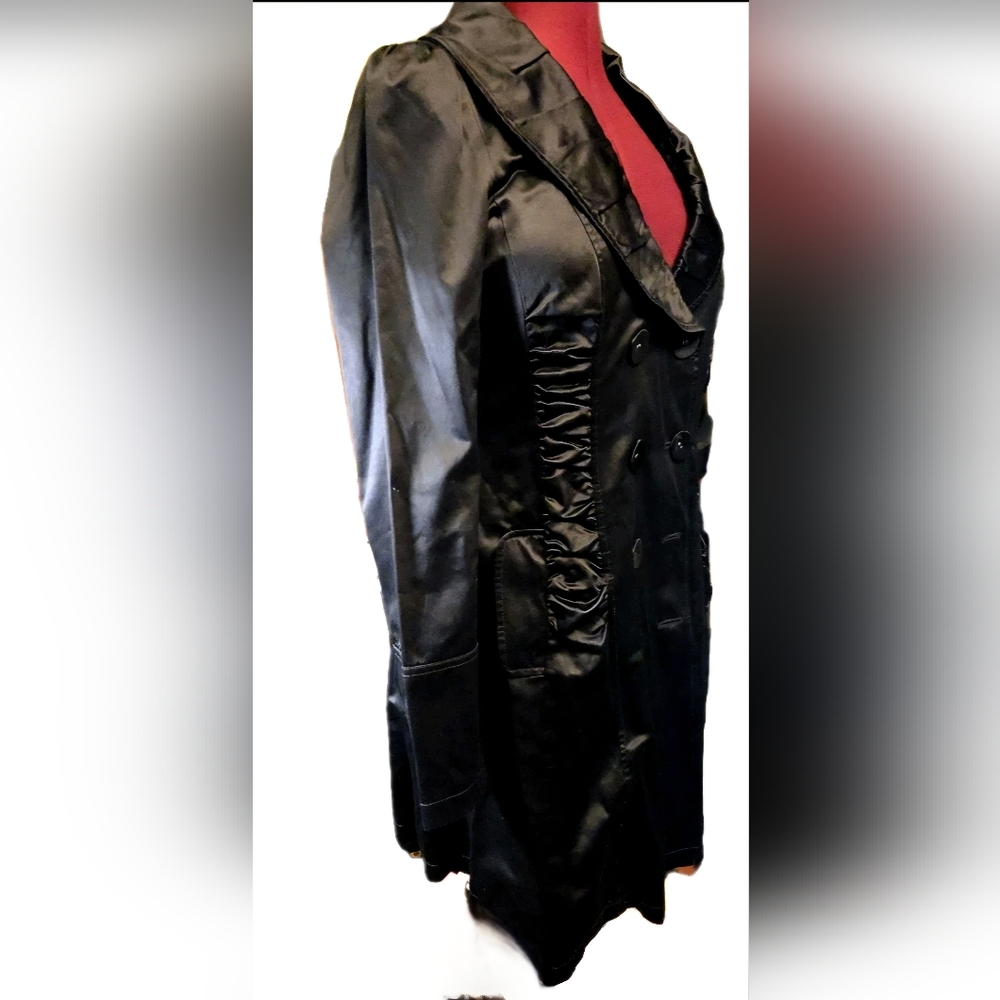 DKNY Jeans Black Satin Trench Coat • Ruched Tailoring • Double Breasted• L